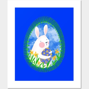 Cute white bunny with floral easter egg decoration on blue sky, version 1 Posters and Art